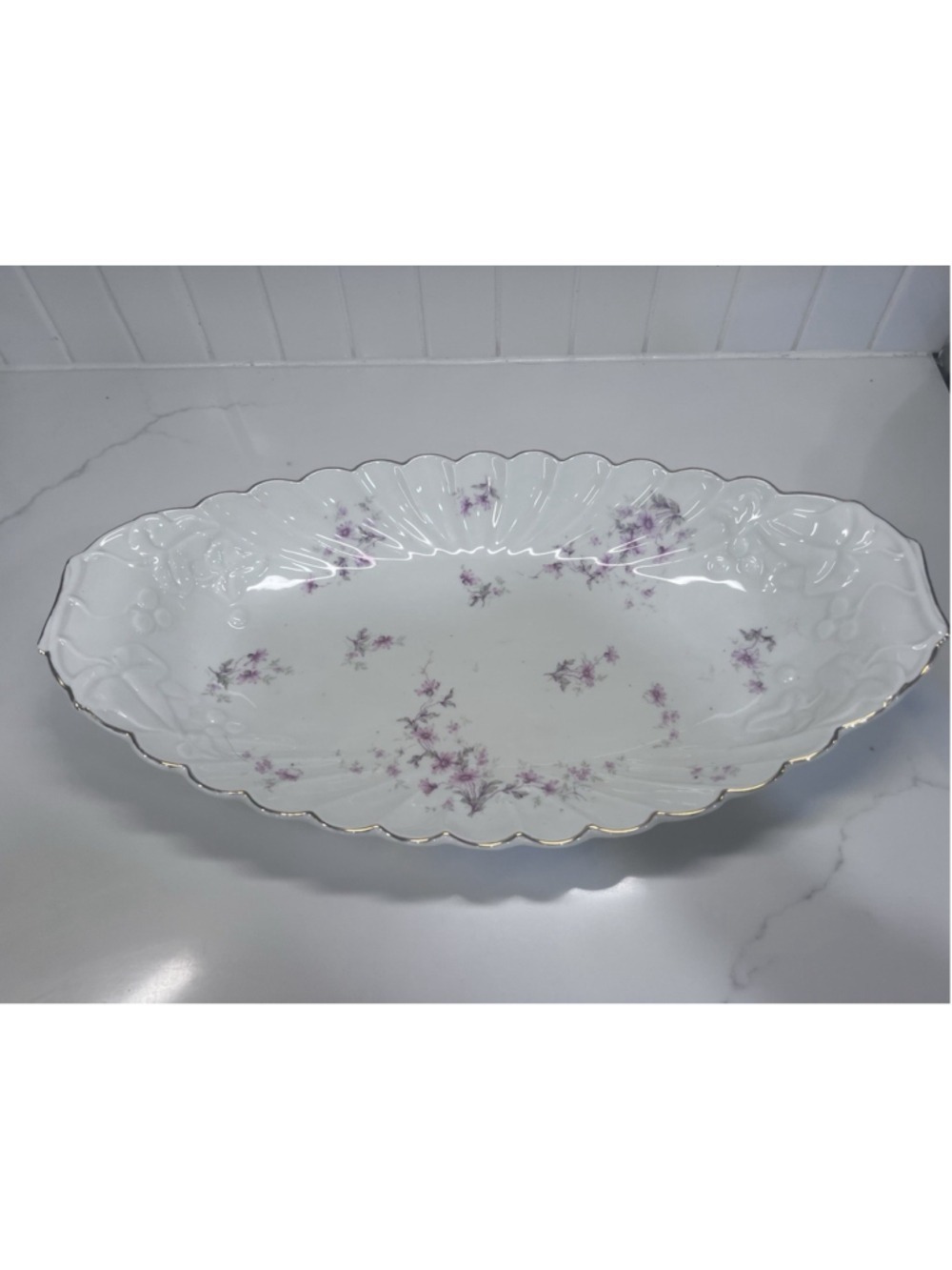 Antique Oval Serving Dish Pink Floral Violet Sprig Scalloped Embossed Edge 16x9